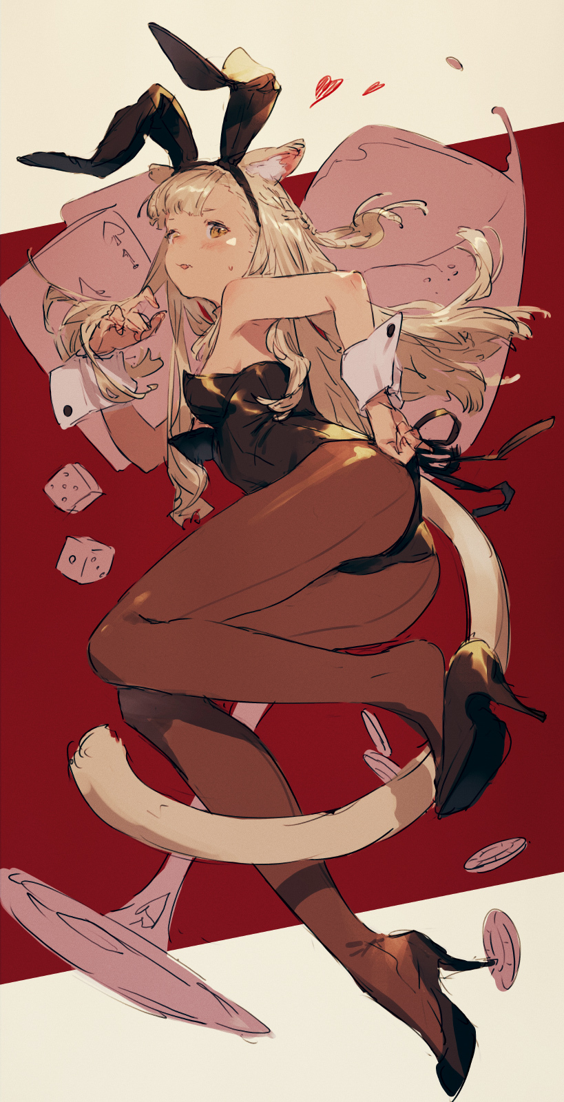 1girl adjusting_hair animal_ear_fluff animal_ears armpit_peek ass back-seamed_legwear backlighting bangs bare_arms beige_background black_footwear black_hairband black_legwear black_leotard black_ribbon blonde_hair blunt_bangs blush braid breasts bunny_day card cat_ears cat_girl cat_tail clenched_hand cup dice drink drinking_glass elbow_rest fake_animal_ears fang floating_hair french_braid full_body furrowed_eyebrows hair_tucking hairband hand_in_hair hand_on_hip hand_up heart high_heels highres junwool leg_up leotard light_brown_eyes long_hair looking_at_viewer looking_to_the_side lying medium_breasts on_side original pantyhose parted_lips playboy_bunny playing_card poker_chip pumps rabbit_ears red_background ribbon seamed_legwear shoe_dangle shoe_soles side-tie_leotard sideboob sketch skin_fang solo spade_(shape) strapless strapless_leotard sweat tail thighs two-tone_background wine_glass wrist_cuffs