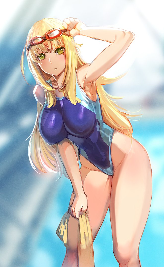 1girl adjusting_goggles arm_up armpits bangs blonde_hair blue_swimsuit blurry blurry_background bow_(bhp) breasts closed_mouth competition_swimsuit goggles goggles_on_head highleg highleg_swimsuit holding holding_towel impossible_clothes impossible_swimsuit large_breasts leaning_forward light_frown long_hair one-piece_swimsuit original sketch solo swimsuit towel yellow_eyes yellow_towel