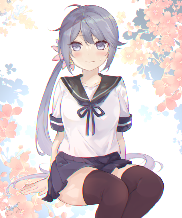 1girl akebono_(kantai_collection) bell black_legwear blue_sailor_collar blue_skirt commentary_request floral_background flower hair_bell hair_flower hair_ornament invisible_chair jingle_bell kantai_collection long_hair looking_at_viewer pleated_skirt purple_hair remodel_(kantai_collection) saiki_yuzuri sailor_collar school_uniform serafuku short_sleeves side_ponytail sitting skirt solo thigh-highs very_long_hair violet_eyes white_background