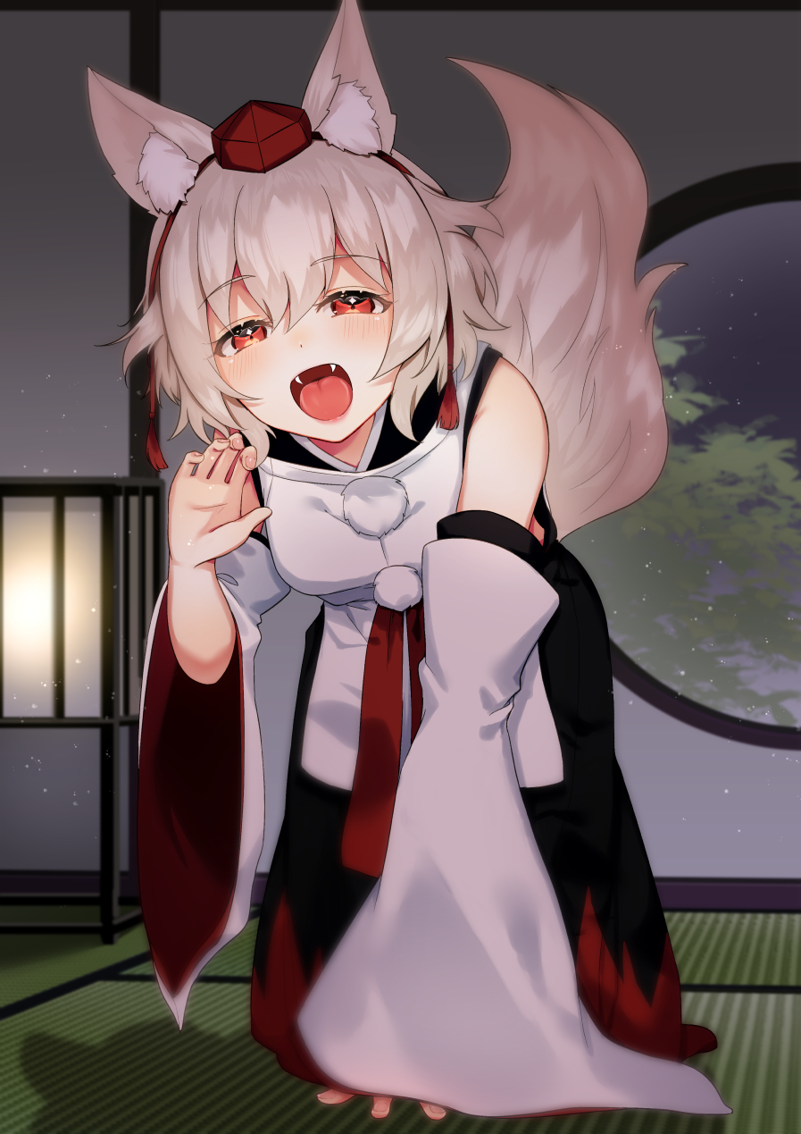 1girl all_fours animal_ears bare_shoulders chieezuik claw_pose fang hat highres inubashiri_momiji looking_at_viewer open_mouth pom_pom_(clothes) sash solo tail tatami tokin_hat touhou window wolf_ears wolf_tail