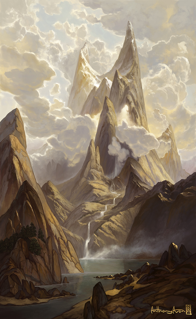 anthony_avon artist_logo artist_name boulder clouds cloudy_sky day landscape mountain nature no_humans original outdoors river rock scenery shore signature sky sunlight tree water waterfall