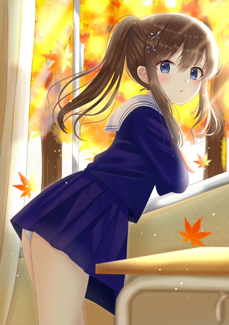 1girl autumn_leaves blue_eyes blue_serafuku blue_skirt blurry blurry_background blush brown_hair classroom commentary cowboy_shot curtains day desk floating_hair hair_between_eyes hair_ornament highres indoors leaf leaning_forward leaning_on_object light_particles light_rays looking_at_viewer maple_leaf nibosi open_window original panties pantyshot parted_lips pleated_skirt ponytail sailor_collar school_desk school_uniform serafuku short_hair sidelocks skirt solo standing sunbeam sunlight tree underwear white_panties white_sailor_collar window windowsill x_hair_ornament