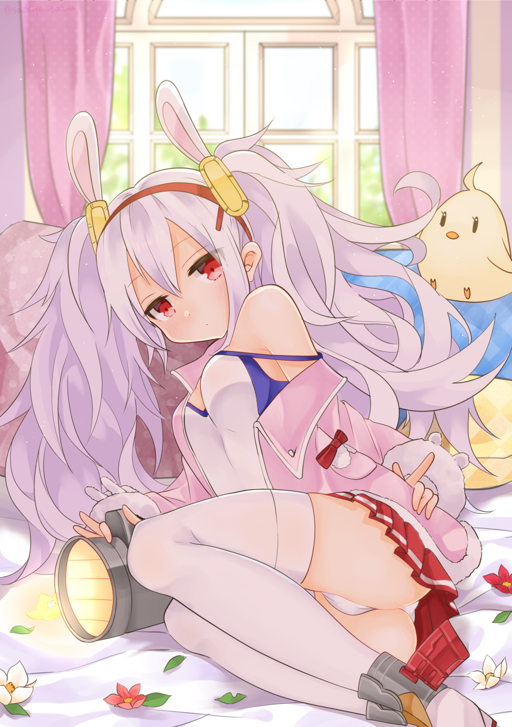 1girl animal_ears ass azur_lane bangs bed bed_sheet breasts closed_mouth commentary_request day expressionless fake_animal_ears floodlights flower hair_between_eyes highres indoors jacket jitome laffey_(azur_lane) legs_together light_purple_hair long_hair looking_at_viewer lying manjuu_(azur_lane) off_shoulder on_bed on_side panties pantyshot petals pillow pink_jacket pleated_skirt rabbit_ears red_eyes red_skirt saekiya_sabou sidelocks skirt small_breasts solo strap_slip stuffed_animal stuffed_toy sunlight thigh-highs twintails underwear very_long_hair white_legwear white_panties