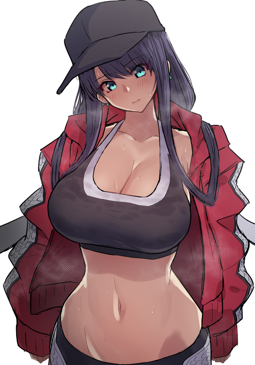 1girl bangs black_bra black_headwear bra breasts earrings fate/grand_order fate_(series) hat highres hood hoodie jewelry large_breasts long_hair long_sleeves midriff navel pononozo red_hoodie saint_martha saint_martha_(swimsuit_ruler)_(fate) sports_bra sweaty_clothes underwear