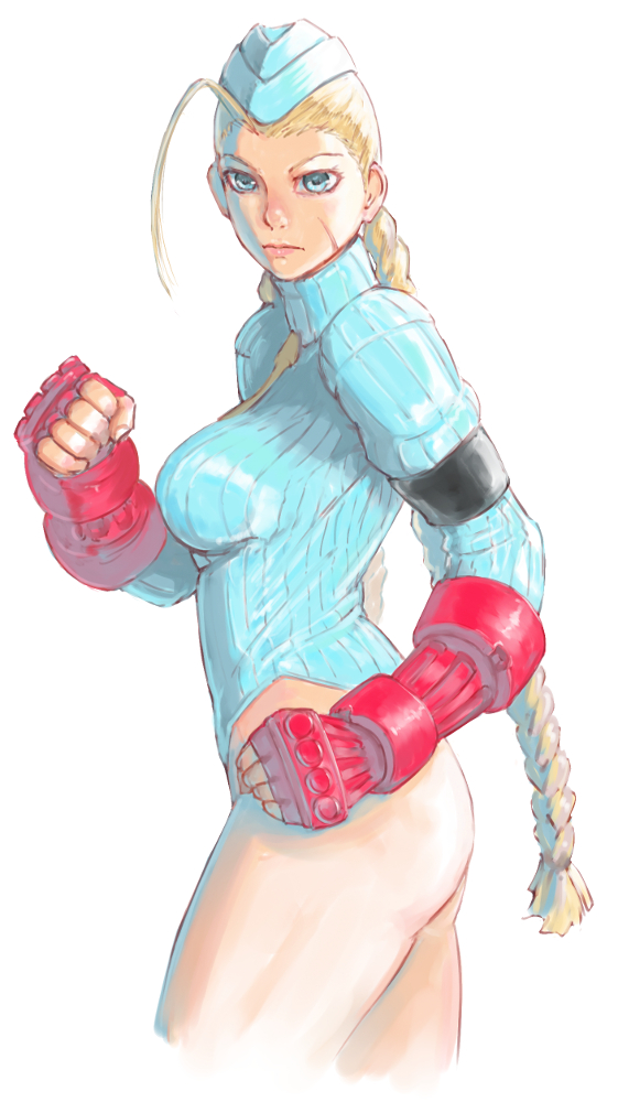 1girl a_ichiro aqua_headwear aqua_leotard blonde_hair blue_eyes braid breasts cammy_white clenched_hands fingerless_gloves from_side gloves green_neckwear hat large_breasts leotard long_hair long_sleeves necktie red_gloves ribbed_leotard scar simple_background solo street_fighter twin_braids very_long_hair white_background