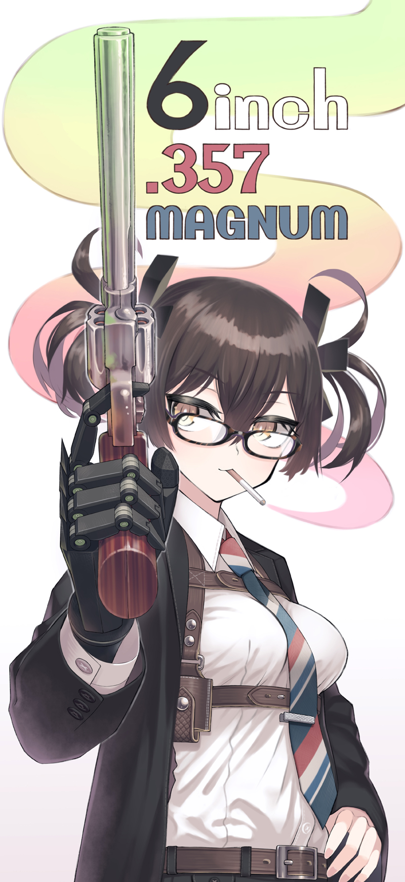 1girl brown_hair cigarette commentary_request eyebrows_visible_through_hair finger_on_trigger glasses gun hand_on_hip handgun harness highres holding holding_gun holding_weapon holster looking_at_viewer necktie original prosthesis prosthetic_arm revolver samaru_asgl short_twintails solo twintails weapon yellow_eyes