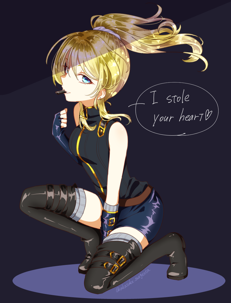 1girl ayase_eli bangs between_legs black_background black_footwear black_jacket blonde_hair blue_eyes blue_gloves blue_skirt boots elbow_gloves fingerless_gloves floating_hair full_body gloves grey_legwear hair_between_eyes hair_ornament hair_scrunchie hand_between_legs jacket long_hair love_live! love_live!_school_idol_project miniskirt mouth_hold niro_(sikabanekurui) one_knee pencil_skirt scrunchie shiny shiny_clothes shiny_hair skirt sleeveless sleeveless_jacket solo speech_bubble thigh-highs thigh_boots twitter_username white_scrunchie zettai_ryouiki