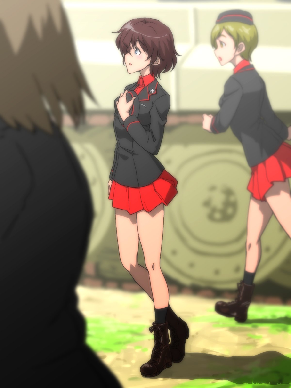 3girls akaboshi_koume ankle_boots bangs black_footwear black_headwear black_jacket black_legwear blue_eyes blurry blurry_background blurry_foreground boots brown_hair day depth_of_field dress_shirt extra eyebrows_visible_through_hair garrison_cap girls_und_panzer ground_vehicle hand_on_own_chest hat hat_removed headwear_removed highres holding holding_clothes holding_hat imtmcomics insignia jacket kuromorimine_military_uniform long_sleeves looking_to_the_side military military_hat military_uniform military_vehicle miniskirt motor_vehicle multiple_girls open_mouth parted_lips pleated_skirt red_shirt red_skirt shadow shirt short_hair skirt socks tank uniform walking wavy_hair wing_collar