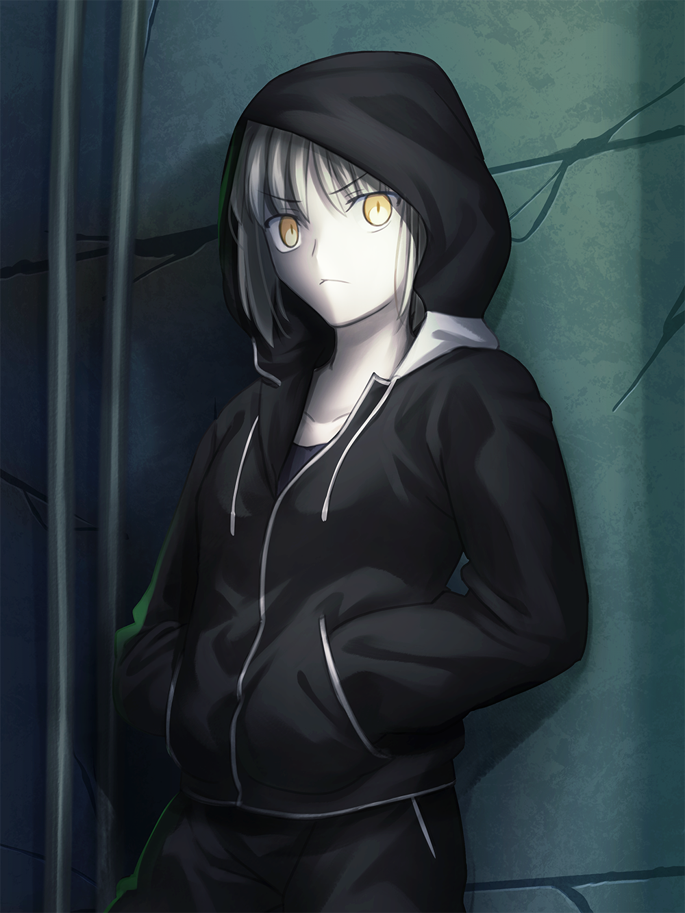 1girl against_wall artoria_pendragon_(all) bangs black_jacket black_pants black_shirt closed_mouth collarbone cowboy_shot eyebrows_visible_through_hair fate/stay_night fate_(series) frown hands_in_pockets highres hood hood_up hooded_jacket jacket long_sleeves migiha pants saber_alter shirt short_hair silver_hair solo v-shaped_eyebrows yellow_eyes