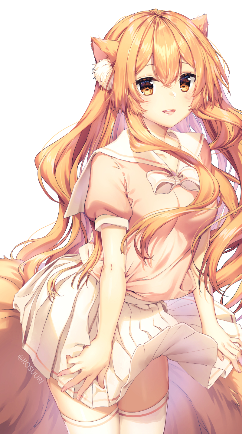 1girl :d animal_ear_fluff animal_ears bow bowtie cowboy_shot fox_ears fox_tail highres holding holding_clothes holding_skirt kawaii_nihongo kyuubi long_hair multiple_tails open_mouth orange_eyes orange_hair pleated_skirt riko_(kawaii_nihongo) rosuuri school_uniform serafuku short_sleeves single_horizontal_stripe skirt smile solo striped striped_bow symbol_commentary tail thigh-highs twitter_username very_long_hair white_legwear white_skirt wind wind_lift