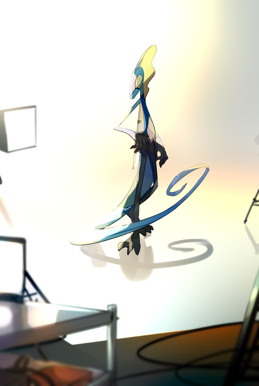 blurry_foreground commentary_request full_body gen_8_pokemon hand_on_hip head_down highres inteleon light orange_eyes picube525528 pokemon pokemon_(creature) solo standing toes