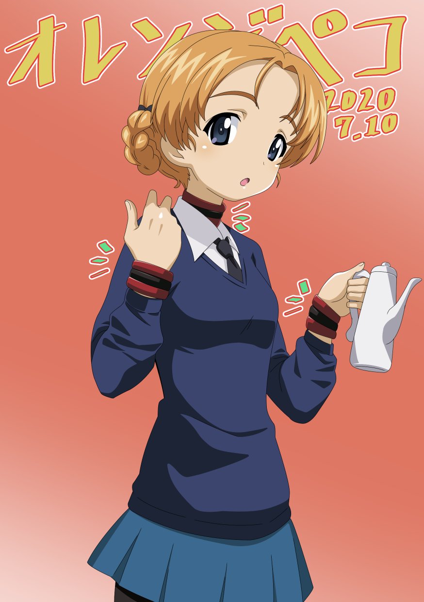1girl background_text bangs black_legwear black_neckwear blue_eyes blue_skirt blue_sweater bracelet braid character_name commentary cowboy_shot dated dress_shirt girls_und_panzer highres holding holding_teapot jewelry long_sleeves looking_at_viewer miniskirt nao_(nao_puku777) neck_ring necktie notice_lines open_mouth orange_hair orange_pekoe_(girls_und_panzer) pantyhose parted_bangs pleated_skirt red_background school_uniform shirt short_hair skirt solo st._gloriana's_school_uniform standing sweater teapot tied_hair translated v-neck white_shirt wing_collar