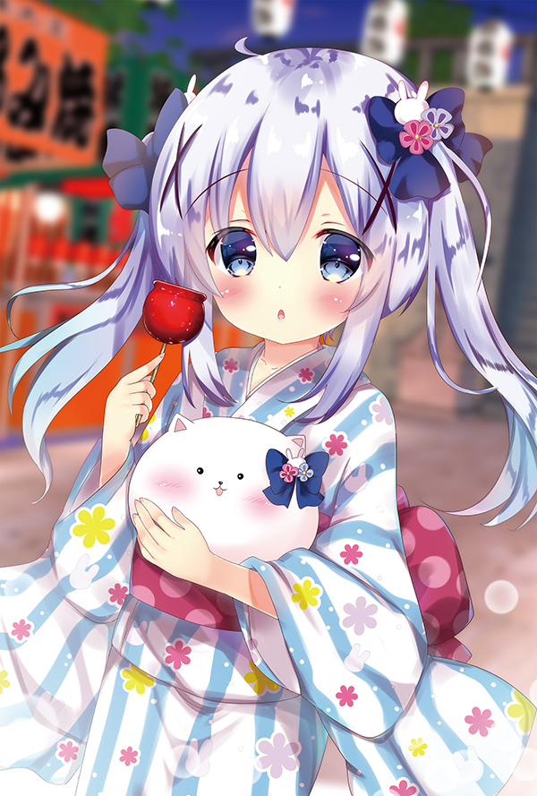 1girl alternate_costume angora_rabbit animal bangs blue_bow blue_eyes blurry blurry_background blush bow bunny_hair_ornament candy_apple commentary_request depth_of_field eyebrows_visible_through_hair food gochuumon_wa_usagi_desu_ka? hair_between_eyes hair_bow hair_ornament holding holding_animal holding_food japanese_clothes kafuu_chino kimono long_sleeves looking_at_viewer night obi outdoors parted_lips polka_dot rabbit rikatan sash silver_hair striped striped_kimono summer_festival tippy_(gochiusa) twintails vertical-striped_kimono vertical_stripes wide_sleeves x_hair_ornament