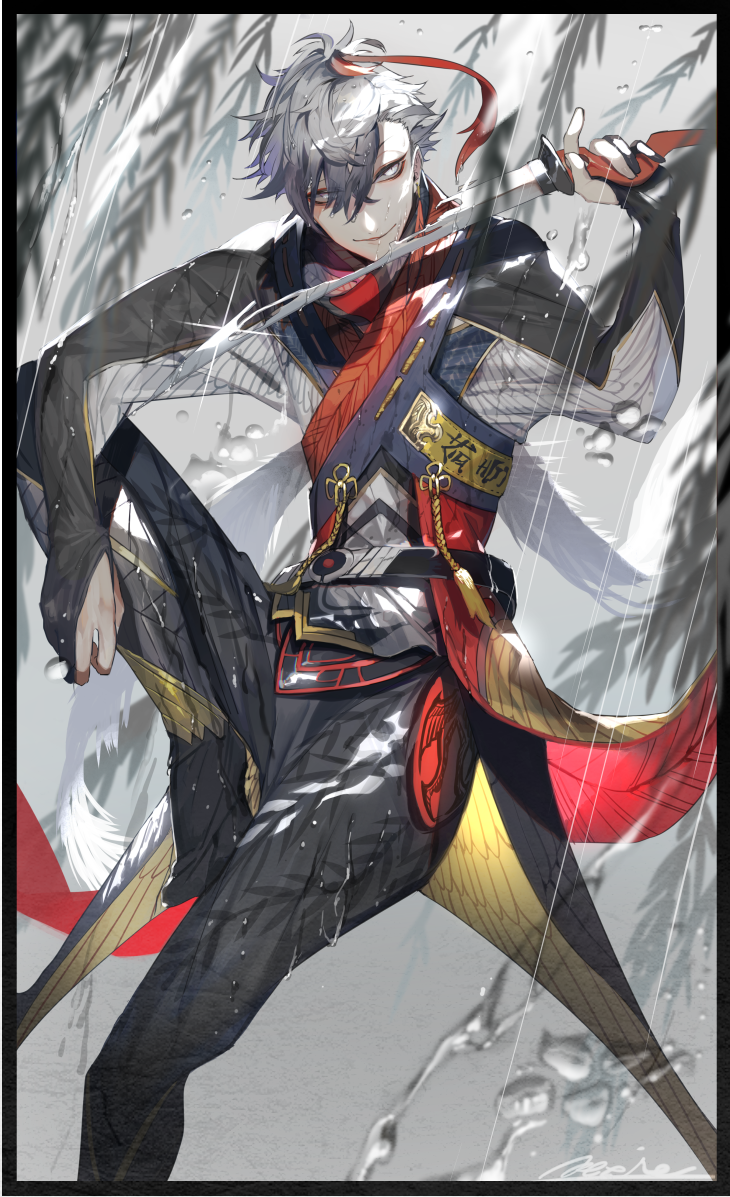 1boy belt fingernails glint green_eyes green_hair grey_eyes grey_hair hair_between_eyes half-closed_eyes hanafuda holding holding_weapon liquid male_focus multicolored multicolored_hair nexie original parted_lips rain redhead signature silhouette slit_pupils smile solo weapon wet wet_clothes wings