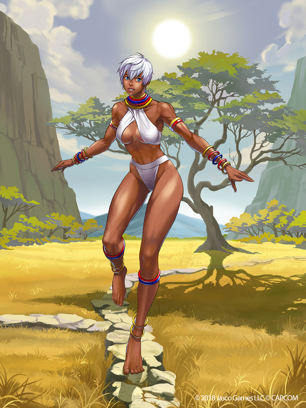 1girl abs africa anklet armlet barefoot bikini bracelet capcom choker dark_skin elena_(street_fighter) game grass gunshiprevolution highres jewelry mountain muscle necklace official_art outstretched_arms path savannah short_hair spread_arms standing standing_on_one_leg stone street_fighter sun swimsuit tall_female tiptoes tree white_hair