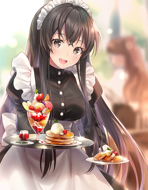 2girls apron black_hair blurry blurry_background bow breasts brown_eyes commentary_request cowboy_shot food fruit hair_between_eyes holding holding_food holding_tray kagachi_saku long_hair long_sleeves looking_at_viewer maid maid_apron maid_headdress multiple_girls open_mouth original pancake standing strawberry teeth tongue tray