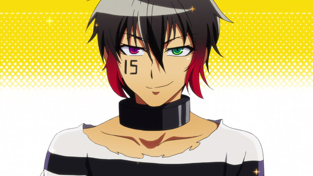 1boy black_hair green_eye inmate jyugo jyugo_(nanbaka) male nanbaka pink_eye prisoner protagonist