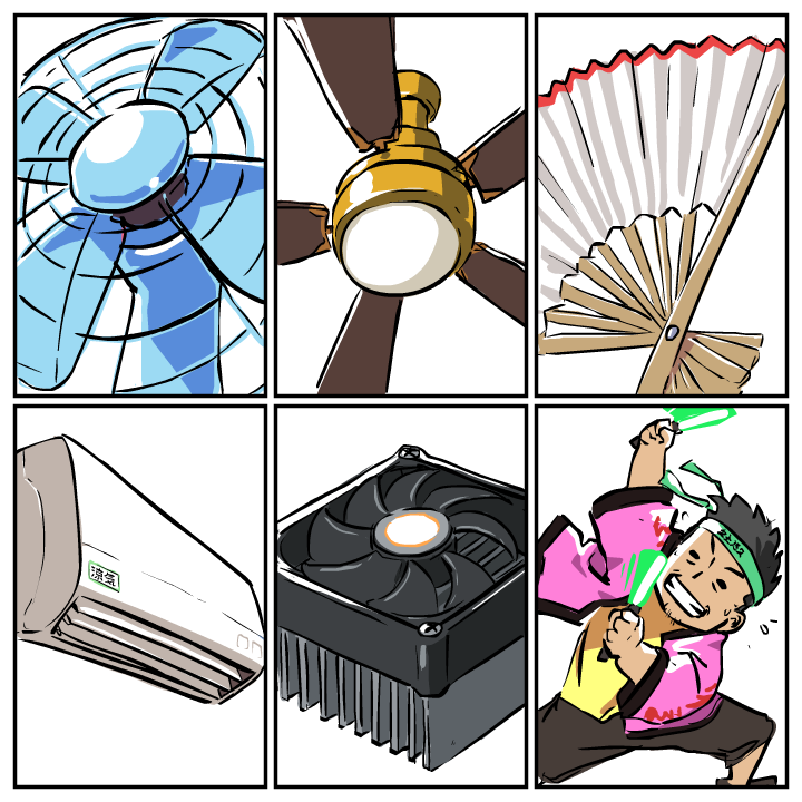 1boy air_conditioner ceiling_fan chart commentary computer_fan electric_fan english_commentary fan folding_fan grin happi japanese_clothes john_su original paper_fan penlight pun six_fanarts_challenge smile too_literal v-shaped_eyebrows waving_arms