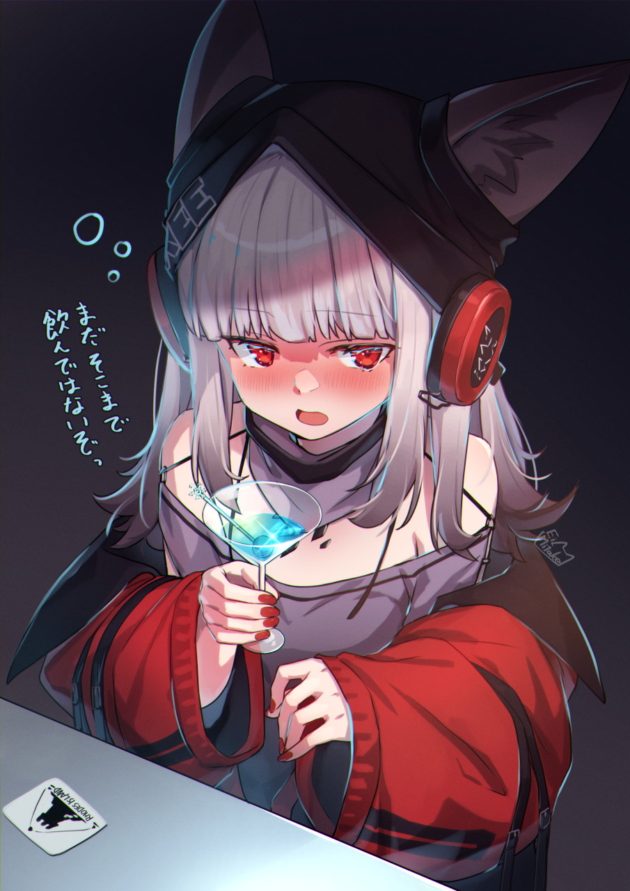 1girl animal_ears arknights artist_name bangs beanie behind-the-head_headphones black_headwear blush coat cocktail cocktail_glass cup drinking_glass drunk ears_through_headwear fox_ears frostleaf_(arknights) grey_shirt hat headphones highres holding holding_cup hooded_coat long_hair long_sleeves mitake_eil off-shoulder_shirt off_shoulder open_clothes open_coat open_mouth oripathy_lesion_(arknights) red_coat red_eyes red_nails rhodes_island_logo shirt signature silver_hair solo translation_request upper_body