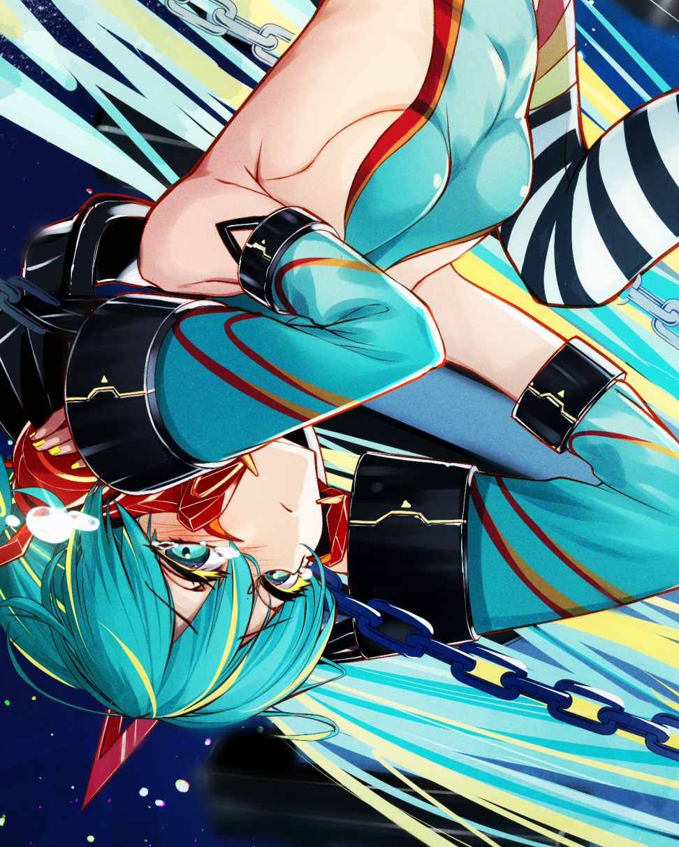 1girl alternate_costume aqua_eyes aqua_hair aqua_leotard aqua_sleeves bangs bare_shoulders blonde_hair blush breasts chain cluseller commentary_request cropped crying detached_sleeves eyebrows_visible_through_hair hair_between_eyes hands_up hatsune_miku headgear highres long_hair looking_at_viewer medium_breasts multicolored multicolored_clothes multicolored_hair multicolored_legwear ribs shiny shiny_clothes sideboob solo space star_(sky) streaked_hair striped striped_legwear tears thigh-highs tied_hair twintails upper_body upside-down very_long_hair vocaloid