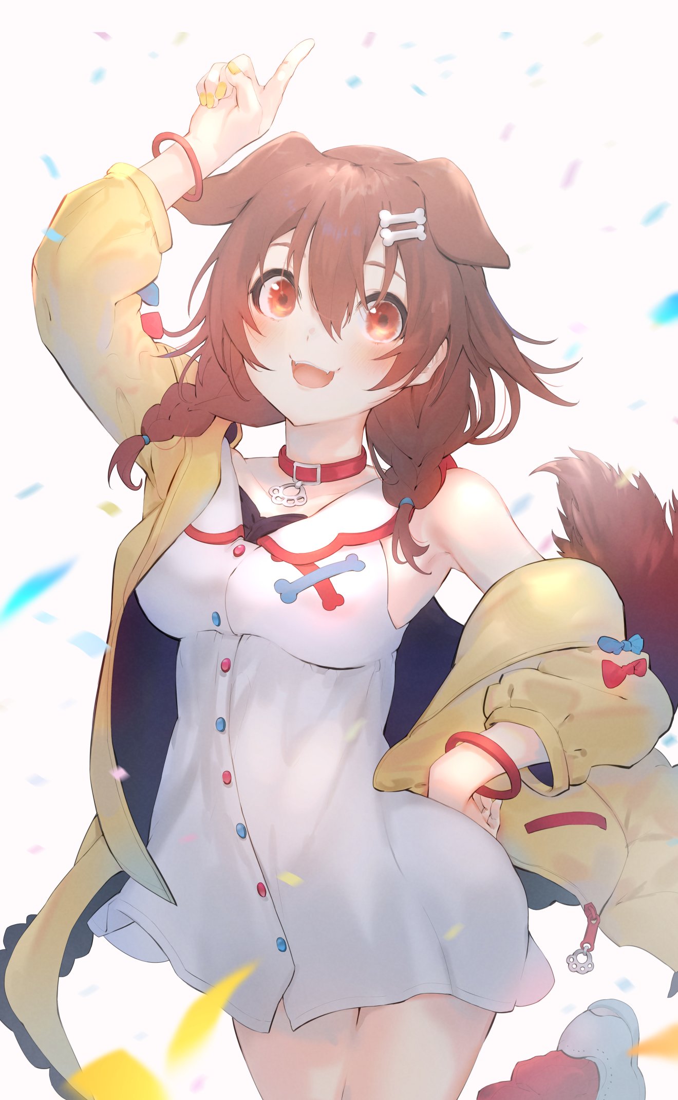 1girl :d animal_ears arm_up blush bone_hair_ornament braid breasts brown_hair choker collar commentary confetti cowboy_shot dog_collar dog_ears dog_tail dress fangs hair_between_eyes hair_ornament hand_on_hip highres hinata_(hinata-ur) hololive index_finger_raised inugami_korone jacket looking_at_viewer medium_breasts medium_hair nail_polish off_shoulder open_mouth red_choker red_eyes red_legwear shoes side_braids simple_background sleeveless sleeveless_dress smile socks solo symbol_commentary tail twin_braids virtual_youtuber white_background white_dress white_footwear wristband yellow_jacket yellow_nails