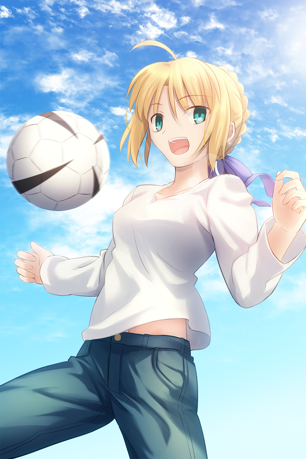 1girl ahoge aqua_eyes artoria_pendragon_(all) ball bangs blonde_hair blue_pants blue_ribbon braid braided_bun collarbone cowboy_shot denim eyebrows_visible_through_hair fate/stay_night fate_(series) hair_between_eyes hair_ribbon highres long_sleeves migiha pants ribbon saber shirt short_hair solo white_shirt