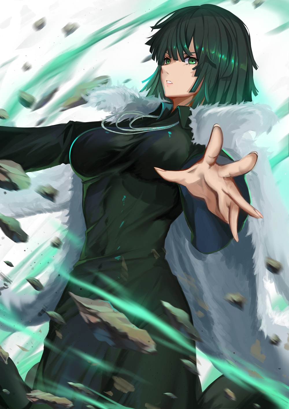 1girl bangs bob_cut breasts collared_dress commentary_request cowboy_shot debris dress fubuki_(one-punch_man) fur_coat fur_trim green_dress green_eyes green_hair hands_up highres impossible_clothes jewelry kyuu_(chiu850513) large_breasts long_sleeves looking_at_viewer motion_lines necklace one-punch_man pointy_nose shiny shiny_hair short_hair solo teeth