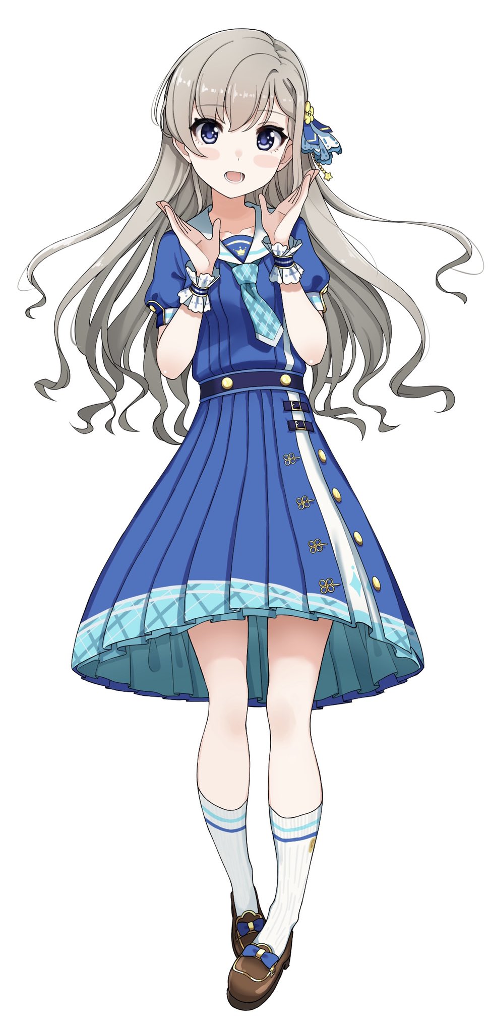1girl bangs blue_eyes blue_neckwear blush_stickers brown_footwear commentary_request dress eyebrows_visible_through_hair full_body grey_hair hands_up highres hisakawa_hayate idolmaster idolmaster_cinderella_girls idolmaster_cinderella_girls_starlight_stage long_hair looking_at_viewer necktie open_mouth plaid_neckwear pleated_dress puffy_short_sleeves puffy_sleeves ribbed_legwear sailor_collar sailor_dress shiwa_(siwaa0419) shoes short_necktie short_sleeves simple_background socks solo very_long_hair white_background white_dress white_legwear white_sailor_collar wrist_cuffs