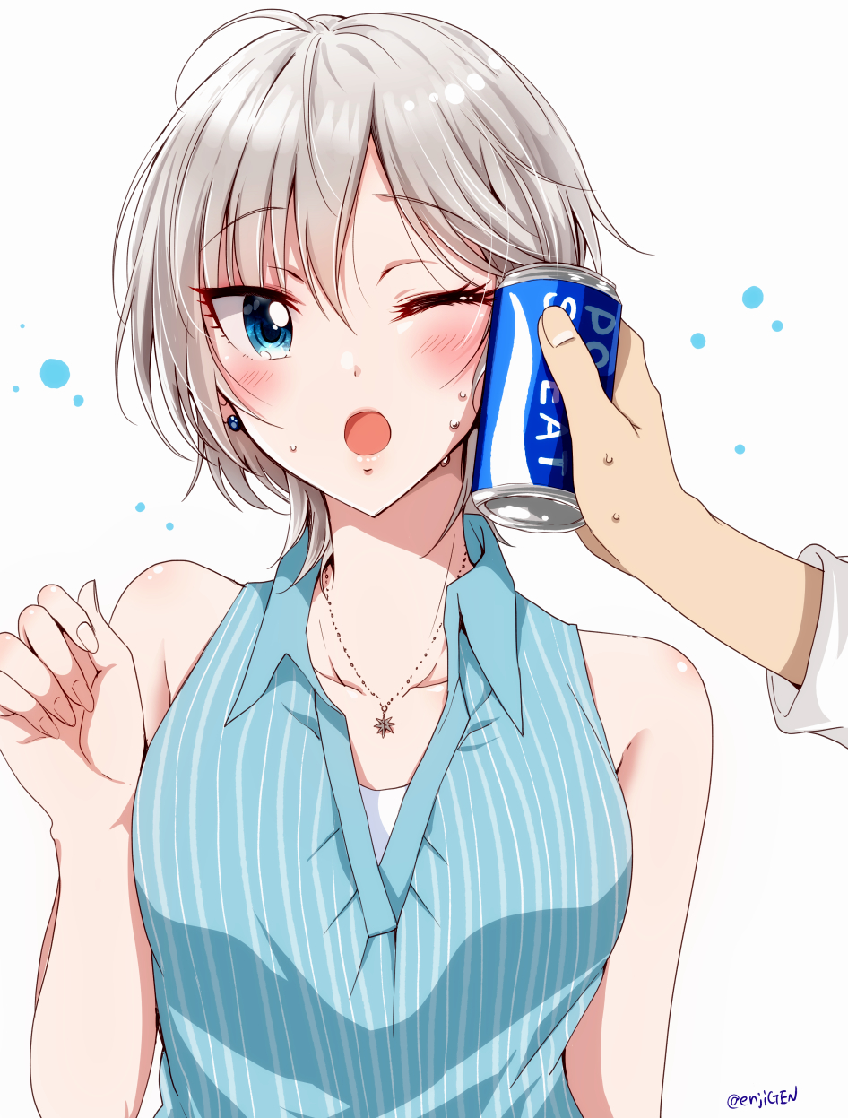 1girl anastasia_(idolmaster) blue_shirt breasts can collared_shirt earrings eyelashes gen_(enji) highres holding holding_can idolmaster idolmaster_cinderella_girls jewelry looking_at_viewer medium_breasts one_eye_closed open_mouth shiny shiny_hair shiny_skin shirt short_hair silver_hair sleeveless sleeveless_shirt striped striped_shirt sweatdrop twitter_username vertical-striped_shirt vertical_stripes white_background wing_collar
