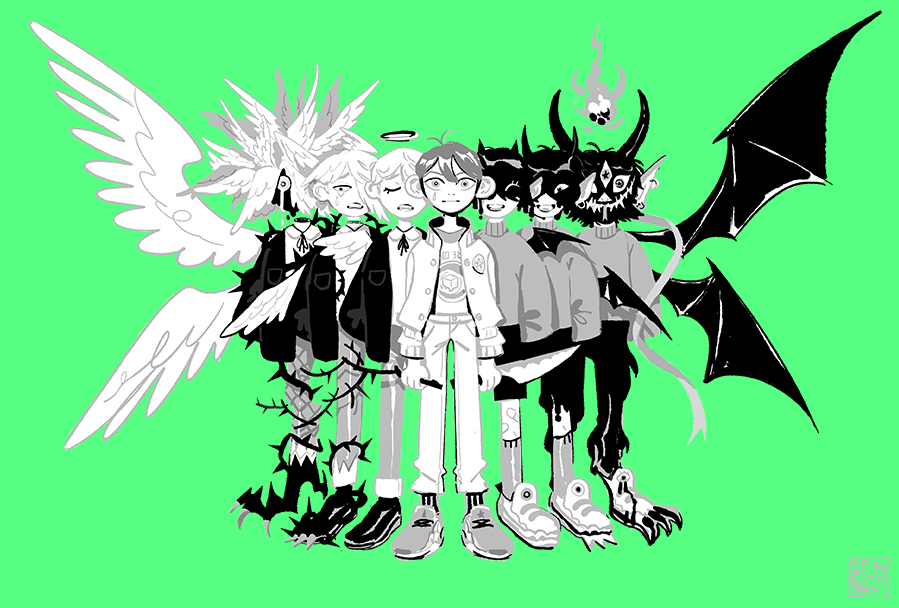 1boy angel angel_and_devil angel_wings antenna_hair bandaid bandaid_on_leg branch closed_eyes closed_mouth crying demon_boy disembodied_head dripping earrings fire green_background greyscale hair_between_eyes hair_over_one_eye halo holding holding_knife holding_weapon horns jacket jewelry karen_kuo knife male_focus monochrome multiple_wings no_mouth open_mouth original pointy_ears shoes signature simple_background smile sneakers socks standing sweat talons tears third_eye thorns tongue tongue_out weapon wide-eyed wings