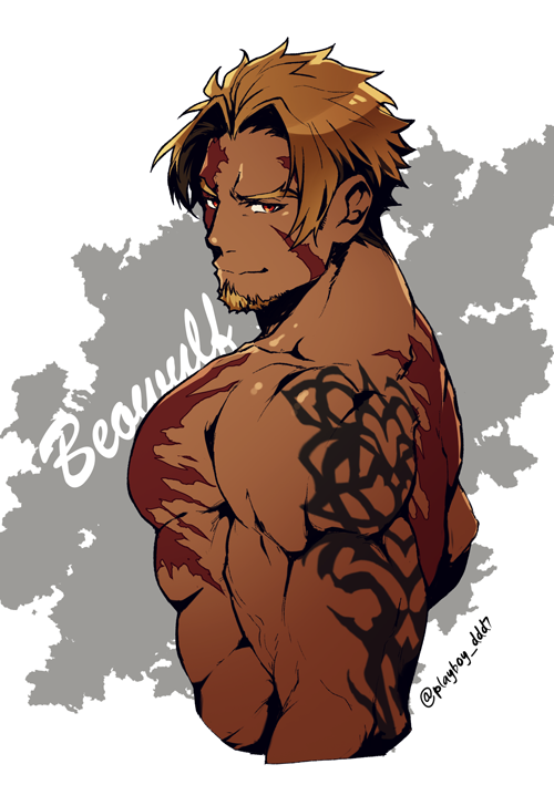 1boy abs bangs bara beowulf_(fate/grand_order) blonde_hair chest chest_scar cropped_torso facial_hair fate/grand_order fate_(series) goatee male_focus manly muscle no_nipples nude parted_bangs red_eyes scar short_hair shoulder_tattoo solo tattoo upper_body yamanome