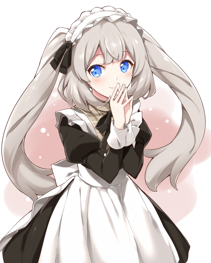 1girl blue_eyes commentary_request eyebrows_visible_through_hair fate/grand_order fate_(series) grey_hair light_blush long_hair long_sleeves looking_at_viewer maid maid_headdress marie_antoinette_(fate/grand_order) mitsuki_meia simple_background smile solo standing twintails white_background