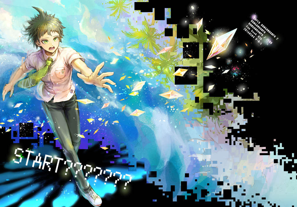 1boy ?? bangs black_pants breast_pocket brown_hair collared_shirt commentary_request copyright_name dangan_ronpa dated full_body gem green_eyes green_neckwear hinata_hajime male_focus multicolored multicolored_background necktie open_mouth outstretched_hand pants petals pocket reaching shirt shoes short_hair sneakers solo sparkle standing super_dangan_ronpa_2 upper_teeth white_footwear white_shirt youko-shima