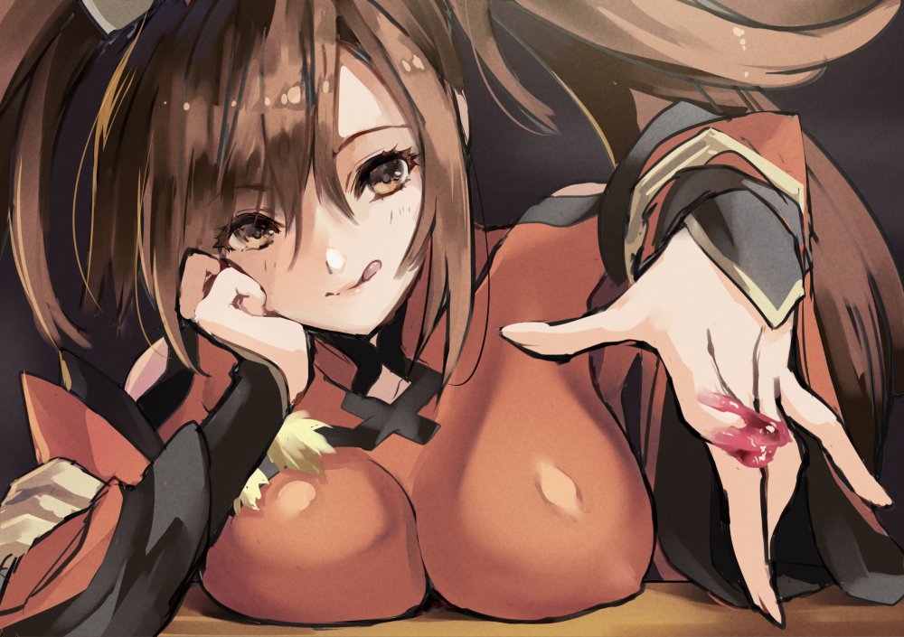 1girl bangs breasts brown_eyes brown_hair commentary covered_nipples eyebrows_visible_through_hair guilty_gear hair_ring hand_on_own_cheek hand_up jako_(toyprn) kuradoberi_jam large_breasts lips long_hair shiny shiny_clothes shiny_hair simple_background solo tongue tongue_out twintails upper_body wide_sleeves