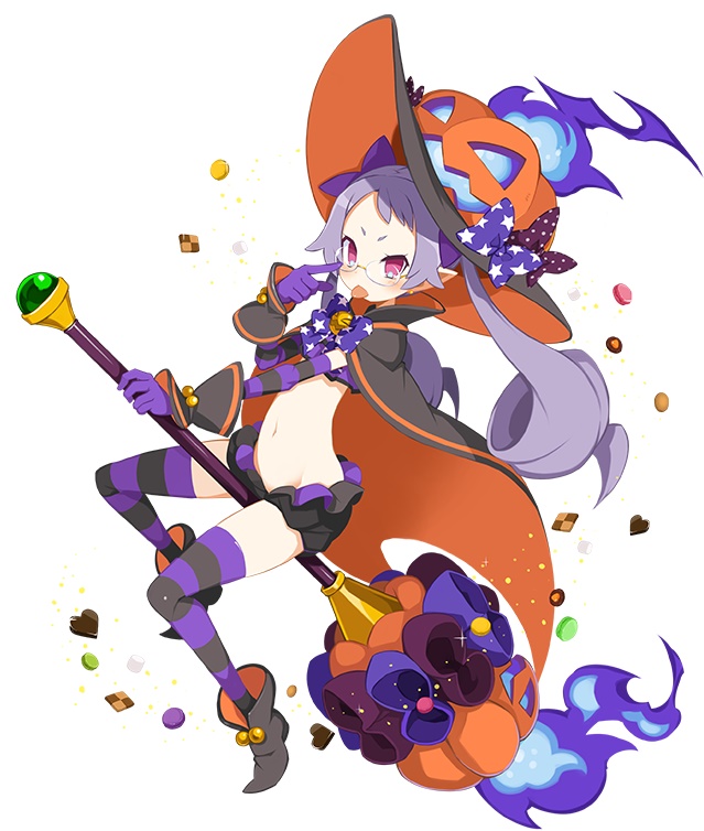 1girl bespectacled bloomers broom broom_riding candy cape chocolate chocolate_heart cookie disgaea disgaea_rpg elbow_gloves finger_to_face food full_body glasses gloves hat heart jack-o'-lantern long_hair majorita_(disgaea) navel official_art pink_eyes pointy_ears pointy_footwear rimless_eyewear simple_background solo striped striped_gloves striped_legwear thigh-highs tongue tongue_out twintails underwear white_background wrist_cuffs