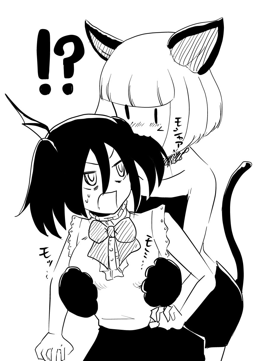 !? 2girls :3 animal_costume animal_ears bags_under_eyes bare_shoulders biting_hair blush bow bowtie breast_fondle cat_costume cat_ears cat_paws cat_tail commentary_request gloves groping halloween halloween_costume head_wings highres katakoriku kuroki_tomoko monochrome multiple_girls onomatopoeia open_mouth paw_gloves paws shirt simple_background sleeveless sleeveless_shirt sweatdrop tail twintails uchi_emiri vampire_costume watashi_ga_motenai_no_wa_dou_kangaetemo_omaera_ga_warui! white_background yuri |_|