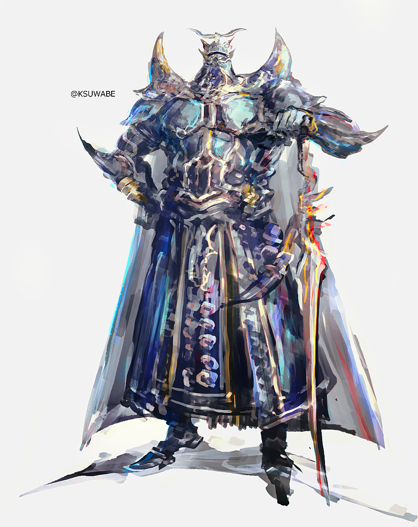 1boy armor blue_cape cape exdeath final_fantasy final_fantasy_v gauntlets helmet holding holding_weapon k-suwabe multicolored pauldrons shoulder_armor simple_background solo spikes sword tall twitter_username weapon