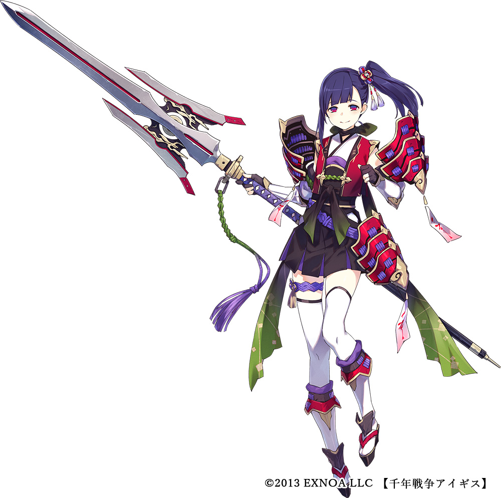 1girl aegis_(persona) armor belt black_footwear black_gloves closed_mouth eyebrows_visible_through_hair fingerless_gloves fuyuno_yuuki gloves holding holding_polearm holding_spear holding_weapon japanese_clothes official_art partially_fingerless_gloves patterned patterned_clothing pauldrons polearm ponytail purple_hair sennen_sensou_aigis shoulder_armor side_ponytail simple_background smile solo spear talisman thigh-highs thigh_strap violet_eyes weapon white_background white_legwear