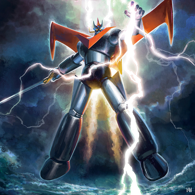 clouds cloudy_sky electricity flying fmu great_mazinger great_mazinger_(robot) holding holding_sword holding_weapon jetpack lightning mecha no_humans retro_artstyle sky super_robot sword weapon