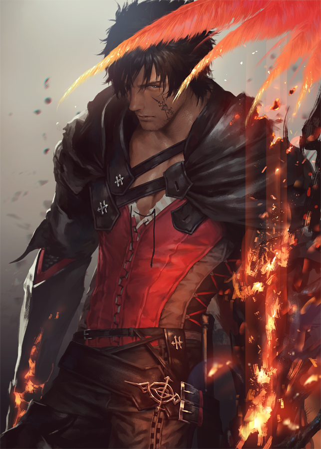 1boy armor bangs belt black_cape black_eyes black_hair brown_pants cape clive_rosfield closed_mouth cowboy_shot embers facial_tattoo feathers final_fantasy final_fantasy_xvi fire gauntlets hair_between_eyes hair_over_one_eye looking_at_viewer male_focus pants penguin_frontier red_shirt shirt short_hair solo standing sword tattoo v-neck weapon