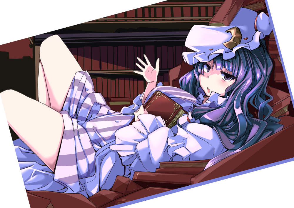 1girl blush book book_on_head book_stack bookshelf breasts commentary_request covered_navel crescent crescent_moon_pin eruichi_(redphantom) eyebrows_visible_through_hair hat holding holding_book knee_up large_breasts long_hair looking_at_viewer lying mob_cap object_on_head on_back open_mouth patchouli_knowledge purple_hair solo thighs touhou very_long_hair violet_eyes