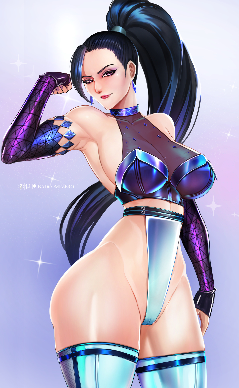 1girl badcompzero bare_shoulders black_hair breasts commentary earrings elbow_gloves gloves high_ponytail highres jewelry k/da_(league_of_legends) k/da_kai'sa kai'sa large_breasts league_of_legends leotard lips lipstick long_hair makeup sideboob skindentation solo thighs violet_eyes