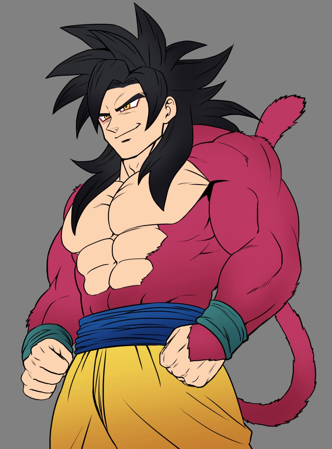 1boy abs bara bare_chest black_hair chest dragon_ball dragon_ball_gt ezaki_papiko grey_background highres long_hair male_focus monkey_tail muscle nipples no_nipples pink_fur solo son_goku spiky_hair super_saiyan super_saiyan_4 tail tokyo_houkago_summoners wristband yellow_eyes