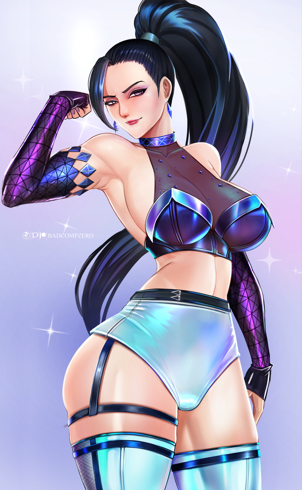 1girl badcompzero bare_shoulders black_hair breasts commentary earrings elbow_gloves gloves high_ponytail highres jewelry k/da_(league_of_legends) k/da_kai'sa kai'sa large_breasts league_of_legends lips lipstick long_hair makeup sideboob skindentation solo thighs violet_eyes