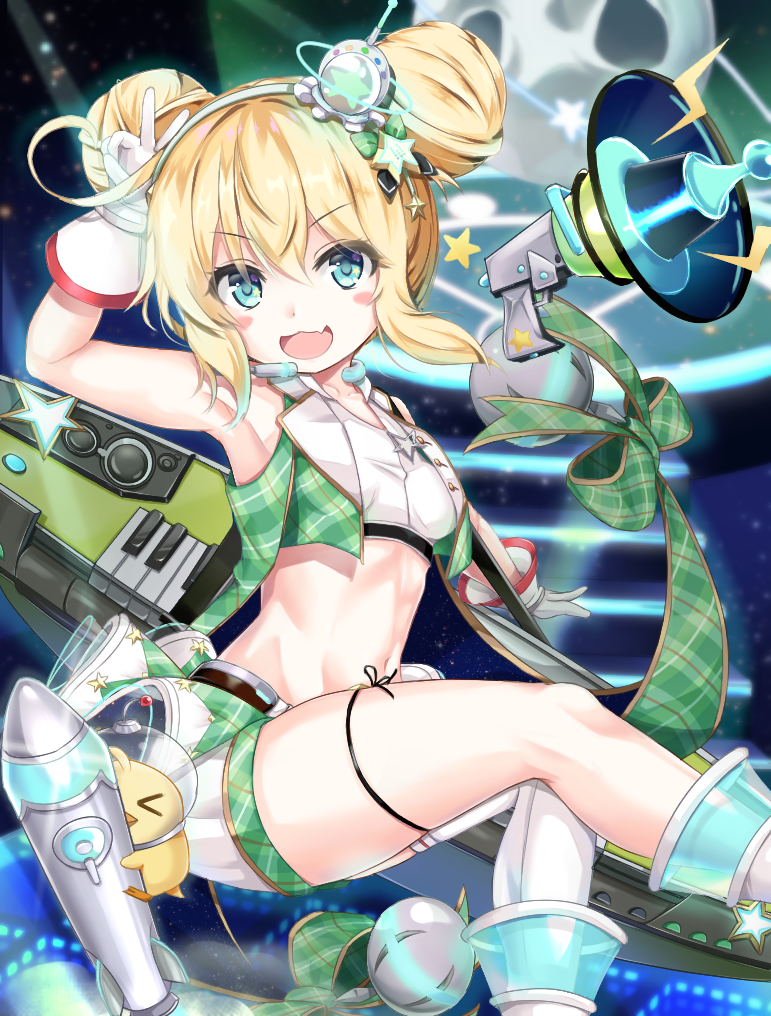 1girl :d ahoge albacore_(azur_lane) albacore_(muse)_(azur_lane) arm_up armpits azur_lane bangs bare_shoulders bird blonde_hair blush_stickers breasts chick collarbone commentary_request crop_top crossed_bangs double_bun eyebrows_visible_through_hair fang gloves green_eyes green_vest groin hair_between_eyes hair_ornament hairband headset idol long_hair looking_at_viewer makina9696 manjuu_(azur_lane) megaphone midriff navel official_alternate_costume open_mouth rocket shirt short_shorts shorts showgirl_skirt sidelocks single_thighhigh skin_fang sleeveless sleeveless_shirt small_breasts smile solo stage star_(symbol) star_in_eye submarine symbol_in_eye thigh-highs thigh_strap v vest watercraft white_footwear white_gloves white_hairband white_legwear white_shirt white_shorts