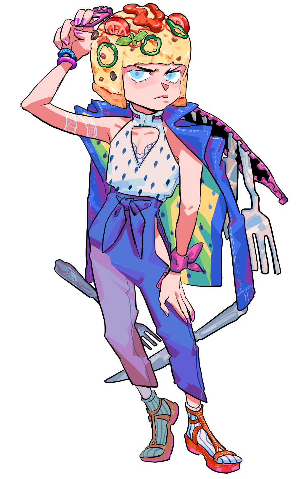 1boy alternate_costume bangs blue_eyes blue_pants blunt_bangs bob_cut bracelet bruno_buccellati bulzizzang food food_on_head fork full_body hand_on_leg hand_up highres hip_vent jewelry jojo_no_kimyou_na_bouken knife leaf looking_at_viewer object_on_head pants pizza print_shirt purple_nails sandals shirt simple_background sleeveless sleeveless_shirt socks solo standing tomato vento_aureo white_background zipper zipper_pull_tab