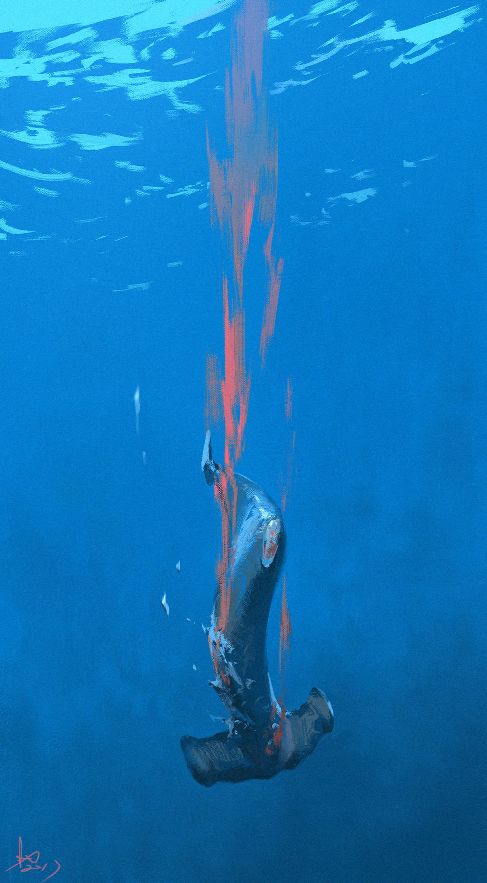 bleeding blood blue_theme dated falling hammerhead_shark highres injury ling_xiang no_humans ocean original scenery shark signature underwater