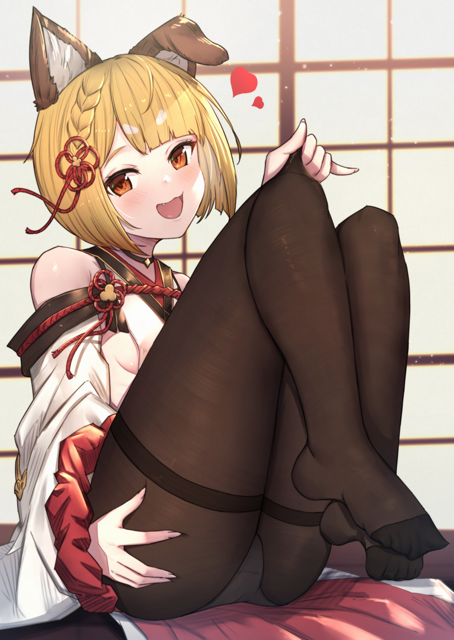 1girl :d animal_ears ass bangs bare_shoulders blonde_hair blush breasts brown_legwear cellphone commentary_request detached_sleeves dog_ears dog_girl fang feet flower_knot full_body granblue_fantasy hair_ribbon heart highres legs_up long_sleeves looking_at_viewer no_shoes open_mouth orange_eyes panties panties_under_pantyhose pantyhose phone red_ribbon revision ribbon short_hair sideboob sitting smartphone smile solo symbol_commentary thighband_pantyhose underwear uneg vajra_(granblue_fantasy) white_panties wide_sleeves