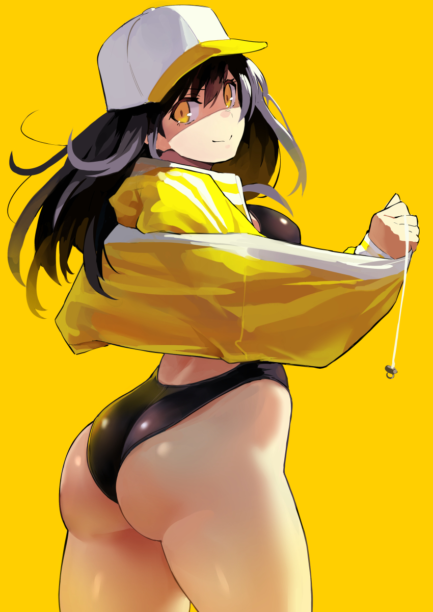 1girl ass black_hair black_swimsuit closed_mouth commentary_request competition_swimsuit from_behind hat highres jacket kekemotsu long_hair looking_at_viewer looking_back one-piece_swimsuit original simple_background smile solo swimsuit thighs white_headwear yellow_background yellow_eyes yellow_jacket