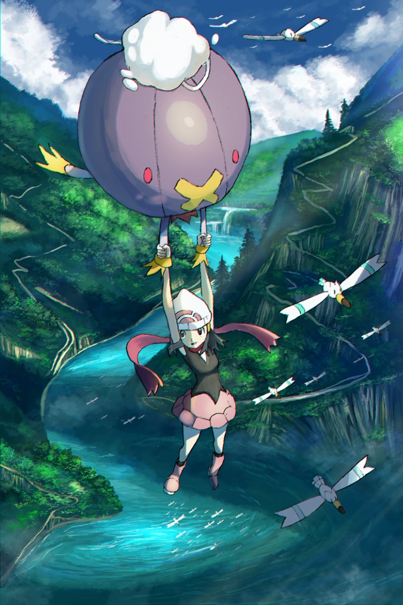 1girl beanie black_hair black_legwear boots clouds commentary_request hikari_(pokemon) day drifblim floating_scarf flying from_above gen_3_pokemon gen_4_pokemon hair_ornament hairclip hanging hat highres long_hair looking_to_the_side open_mouth outdoors pink_footwear pokemon pokemon_(creature) pokemon_(game) pokemon_dppt rowdon scarf sky white_headwear wingull